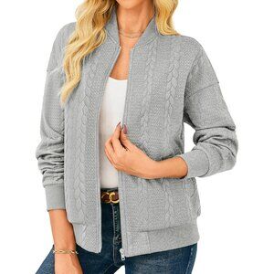 Women Grey Lightweight Bomber Jacket Stand Collar Zip Up Fall Casual Coat